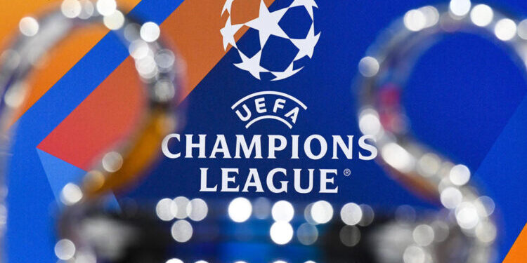 NYON, SWITZERLAND - DECEMBER 13: A view of the UEFA Champions League logo during the UEFA Champions League 2021/22 Round of 16 Draw at the UEFA headquarters, The House of European Football, on December 13, 2021, in Nyon, Switzerland. (Photo by Richard Juilliart - UEFA/UEFA via Getty Images)