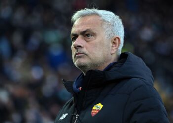 UDINE, ITALY - MARCH 13: Josè Mourinho head coach of AS Roma  looks on during the Serie A match between Udinese Calcio and AS Roma at Dacia Arena on March 13, 2022 in Udine, Italy. (Photo by Alessandro Sabattini/Getty Images)