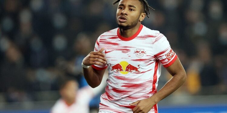 RB Leipzig's French midfielder Christopher Nkunku celebrates after scoring a goal during the UEFA Champions League group stage football match between Bruges (Club Brugge) and Leipzig at Jan Breydel stadium in Bruges, on November 24, 2021. - Belgium OUT (Photo by BRUNO FAHY / BELGA / AFP) / Belgium OUT (Photo by BRUNO FAHY/BELGA/AFP via Getty Images)
