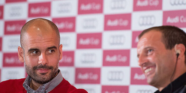 MUNICH, GERMANY - JULY 30:   Trainer Pep Guardiola (left), head coach of FC Bayern Munich and Massimiliano Allegri  head coach of AC Milan smile during the Audi Cup 2013 Press Conference at the Westin Grand Hotel on July 30, 2013 in Munich, Germany. (Photo by Sebastian Widmann/Bongarts/Getty Images)