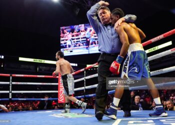 SAN ANTONIO, TEXAS - APRIL 09: Azat Hovhannisyan defeats Dagoberto Aguero by stoppage during their Featherweight bout at the Alamodome on April 09, 2022 in San Antonio, Texas. (Photo by Carmen Mandato/Getty Images)