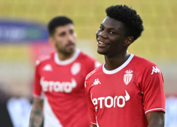 Monaco's French midfielder Aurelien Tchouameni reacts during the French L1 football match between AS Monaco and Clermont Foot 63 at the Louis II Stadium (Stade Louis II) in the Principality of Monaco on January 16, 2022. (Photo by Nicolas TUCAT / AFP) (Photo by NICOLAS TUCAT/AFP via Getty Images)