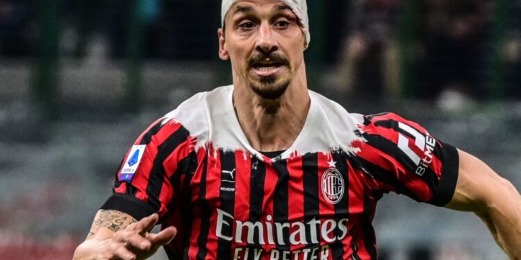 AC Milan's Swedish forward Zlatan Ibrahimovic wears a head bandage after being injured during the Italian Serie A football match between AC Milan and Bologna on April 4, 2022 at the San Siro stadium in Milan. (Photo by MIGUEL MEDINA / AFP) (Photo by MIGUEL MEDINA/AFP via Getty Images)