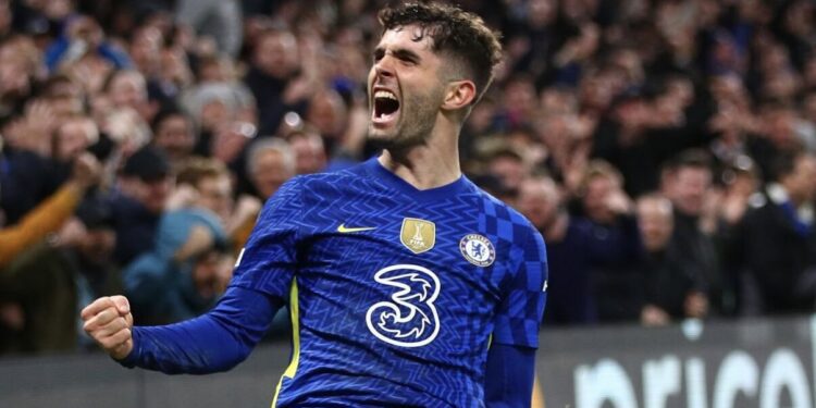 LONDON, ENGLAND - FEBRUARY 22: Christian Pulisic of Chelsea celebrates after scoring their team's second goal during the UEFA Champions League Round Of Sixteen Leg One match between Chelsea FC and Lille OSC at Stamford Bridge on February 22, 2022 in London, England. (Photo by Chris Lee - Chelsea FC/Chelsea FC via Getty Images)