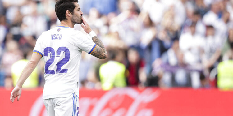 MADRID, SPAIN - APRIL 30: Isco Alarcon of Real Madrid celebrates a cancelled goal during the La Liga Santander  match between Real Madrid v Espanyol at the Santiago Bernabeu on April 30, 2022 in Madrid Spain (Photo by David S. Bustamante/Soccrates/Getty Images)