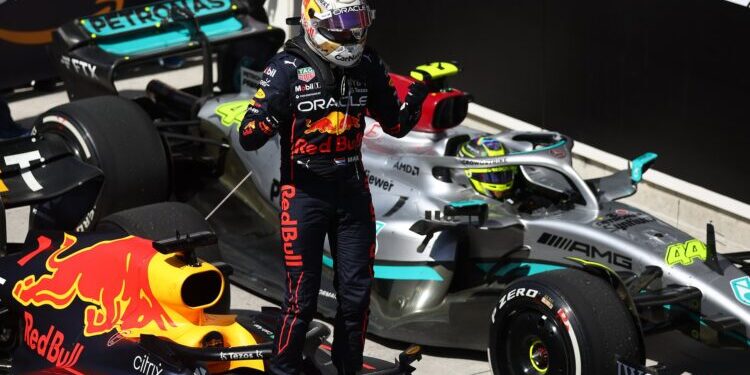 MONTREAL, QUEBEC - JUNE 19: Race winner Max Verstappen of the Netherlands and Oracle Red Bull Racing celebrates in parc ferme during the F1 Grand Prix of Canada at Circuit Gilles Villeneuve on June 19, 2022 in Montreal, Quebec. (Photo by Lars Baron - Formula 1/Formula 1 via Getty Images)