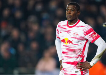 BRUGGE, BELGIUM - NOVEMBER 24: Nordi Mukiele of RB Leipzig looks on during the UEFA Champions League Group Stage match between Club Brugge and RB Leipzig at Jan Breydelstadion on November 24, 2021 in Brugge, Belgium (Photo by Jeroen Meuwsen/BSR Agency/Getty Images)