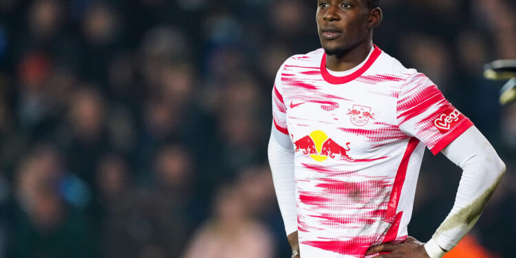 BRUGGE, BELGIUM - NOVEMBER 24: Nordi Mukiele of RB Leipzig looks on during the UEFA Champions League Group Stage match between Club Brugge and RB Leipzig at Jan Breydelstadion on November 24, 2021 in Brugge, Belgium (Photo by Jeroen Meuwsen/BSR Agency/Getty Images)