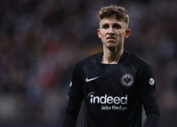FRANKFURT AM MAIN, GERMANY - MARCH 17: Jesper Lindstrom of Frankfurt reacts during the UEFA Europa League Round of 16 Leg Two match between Eintracht Frankfurt and Real Betis at Football Arena Frankfurt on March 17, 2022 in Frankfurt am Main, Germany. (Photo by Alex Grimm/Getty Images)