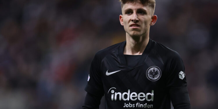 FRANKFURT AM MAIN, GERMANY - MARCH 17: Jesper Lindstrom of Frankfurt reacts during the UEFA Europa League Round of 16 Leg Two match between Eintracht Frankfurt and Real Betis at Football Arena Frankfurt on March 17, 2022 in Frankfurt am Main, Germany. (Photo by Alex Grimm/Getty Images)