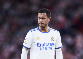 BILBAO, SPAIN - DECEMBER 22: Eden Hazard of Real Madrid reacts during the LaLiga Santander match between Athletic Club and Real Madrid CF at San Mames Stadium on December 22, 2021 in Bilbao, Spain. (Photo by Juan Manuel Serrano Arce/Getty Images)