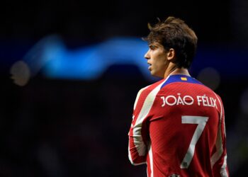 Atletico Madrid's Portuguese forward Joao Felix reacts during the UEFA Champions League Group B first-leg football match between Club Atletico de Madrid and FC Porto, at the Estadio Metropolitano in Madrid on September 7, 2022. (Photo by OSCAR DEL POZO / AFP) (Photo by OSCAR DEL POZO/AFP via Getty Images)