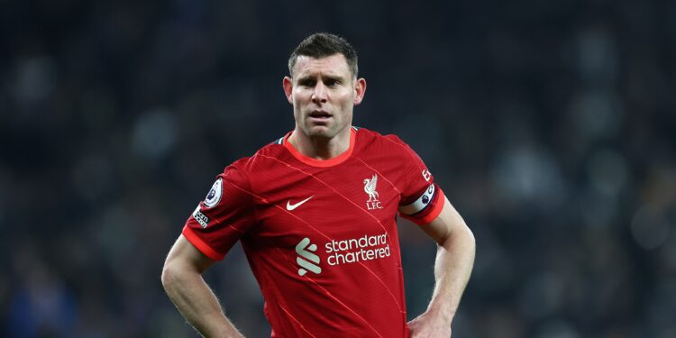 LONDON, ENGLAND - DECEMBER 19: James Milner of Liverpool looks on during the Premier League match between Tottenham Hotspur  and  Liverpool at Tottenham Hotspur Stadium on December 19, 2021 in London, England. (Photo by Julian Finney/Getty Images)