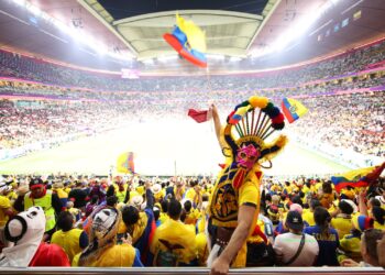 AL KHOR, QATAR - NOVEMBER 20: Ecuador fans cheer in the stands during the FIFA World Cup Qatar 2022 Group A match between Qatar and Ecuador at Al Bayt Stadium on November 20, 2022 in Al Khor, Qatar. (Photo by Adam Pretty - FIFA/FIFA via Getty Images)