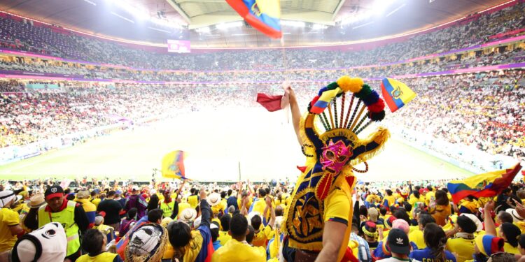AL KHOR, QATAR - NOVEMBER 20: Ecuador fans cheer in the stands during the FIFA World Cup Qatar 2022 Group A match between Qatar and Ecuador at Al Bayt Stadium on November 20, 2022 in Al Khor, Qatar. (Photo by Adam Pretty - FIFA/FIFA via Getty Images)