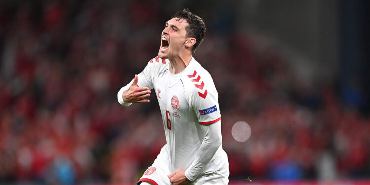 COPENHAGEN, DENMARK - JUNE 21: Andreas Christensen of Denmark of Denmark celebrates after scoring their side's third goal during the UEFA Euro 2020 Championship Group B match between Russia and Denmark at Parken Stadium on June 21, 2021 in Copenhagen, Denmark. (Photo by Stuart Franklin/Getty Images)