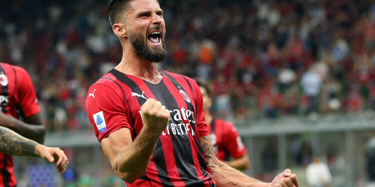 210829 Olivier Giroud of Milan celebrates scoring a goal during the Serie A football match between Milan and Cagliari on August 29, 2021 in Milan. Photo: Matteo Gribaudi / BILDBYRAN / Cop 290 fotboll football soccer seria a bbeng milan cagliari jubel *** 210829 Olivier Giroud of Milan celebrates scoring a goal during the Serie A football match between Milan and Cagliari on August 29, 2021 in Milan Photo Matteo Gribaudi BILDBYRAN Cop 290 fotboll football soccer seria a bbeng milan cagliari jubel, PUBLICATIONxNOTxINxSWExNORxAUT Copyright: MATTEOxGRIBAUDI BB210829ZZ067