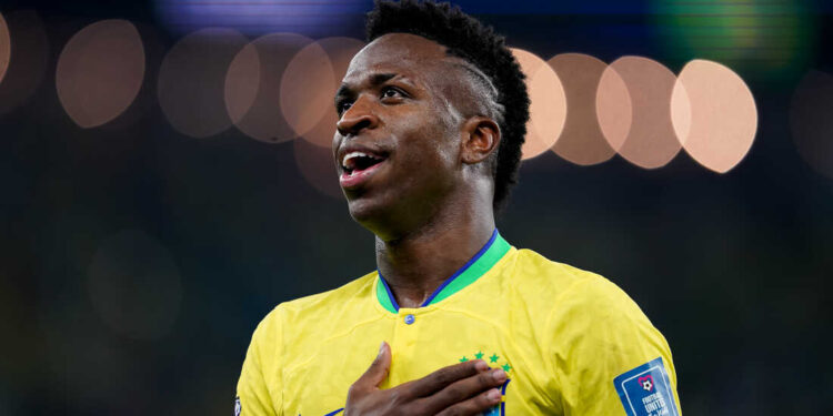 DOHA, QATAR - NOVEMBER 28: Player of Brazil Vinícius Júnior celebrates after scoring a disallowed goal during the FIFA World Cup Qatar 2022 group G match between Brazil and Switzerland at Stadium 974 on November 28, 2022 in Doha, Qatar. (Photo by Florencia Tan Jun/PxImages/Icon Sportwire)