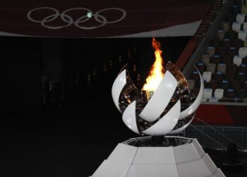 TOKYO, JAPAN - AUGUST 08: The Olympic Cauldron during the Closing Ceremony of the Tokyo 2020 Olympic Games at Olympic Stadium on August 08, 2021 in Tokyo, Japan. (Photo by Fred Lee/Getty Images)