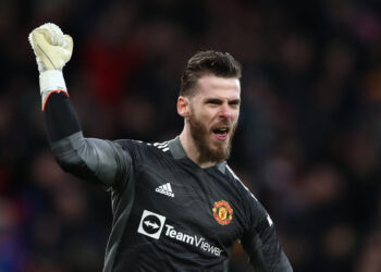 MANCHESTER, ENGLAND - DECEMBER 05: David De Gea of Manchester United celebrates his teams first goal during the Premier League match between Manchester United and Crystal Palace at Old Trafford on December 05, 2021 in Manchester, England. (Photo by Jan Kruger/Getty Images)