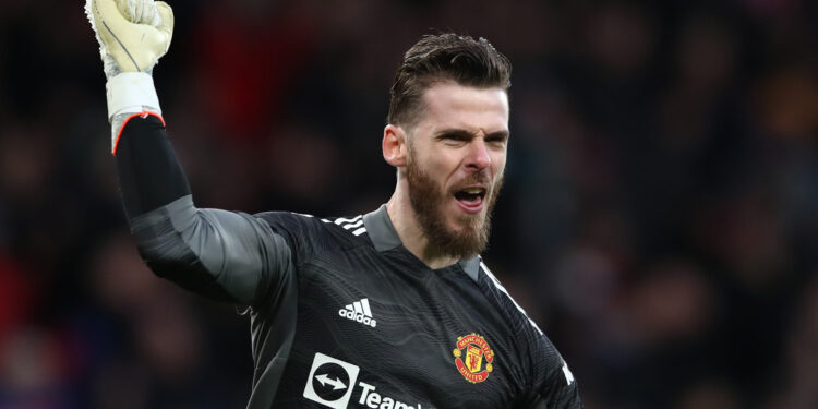 MANCHESTER, ENGLAND - DECEMBER 05: David De Gea of Manchester United celebrates his teams first goal during the Premier League match between Manchester United and Crystal Palace at Old Trafford on December 05, 2021 in Manchester, England. (Photo by Jan Kruger/Getty Images)