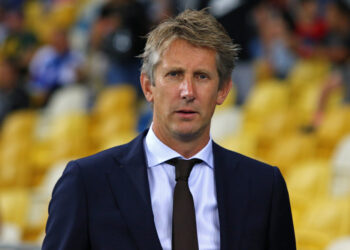 KYIV, UKRAINE - AUGUST 28, 2018: AFC Ajax CEO Edwin van der Sar looks on during the UEFA Champions League play-off game against FC Dynamo Kyiv at NSC Olimpiyskyi stadium in Kyiv, Ukraine