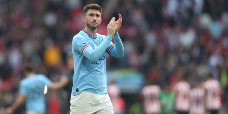 LONDON, ENGLAND - APRIL 22: Manchester City's Aymeric Laporte applauds the fans at the final whistle during The Emirates FA Cup Semi-Final match between Manchester City and Sheffield United at Wembley Stadium on April 22, 2023 in London, England. (Photo by Rob Newell - CameraSport via Getty Images)