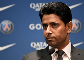 French L1 football club Paris Saint-Germain's (PSG) President Nasser Al-Khelaifi attends a press conference after the club appointed his new coach at the Parc des Princes stadium in Paris on July 5, 2022. - French coach Christophe Galtier quit as coach of Nice in June and replaces Mauricio Pochettino, who was released from his duties earlier today. Galtier, who guided Lille to the Ligue 1 title in 2021, is PSG's seventh coach since the Qataris bought the club 11 years ago and will be expected to finally lift the Champions League trophy. (Photo by Bertrand GUAY / AFP) (Photo by BERTRAND GUAY/AFP via Getty Images)