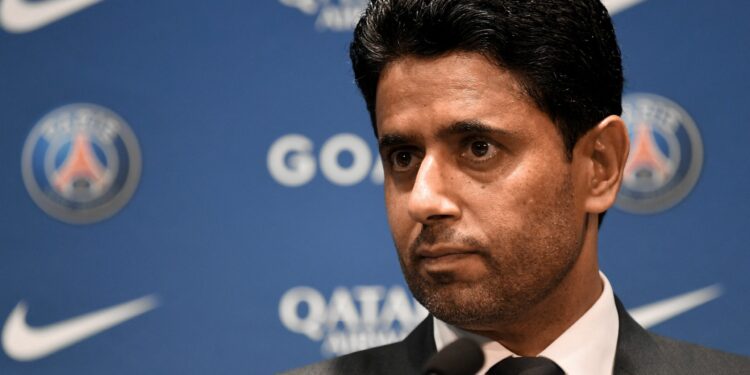 French L1 football club Paris Saint-Germain's (PSG) President Nasser Al-Khelaifi attends a press conference after the club appointed his new coach at the Parc des Princes stadium in Paris on July 5, 2022. - French coach Christophe Galtier quit as coach of Nice in June and replaces Mauricio Pochettino, who was released from his duties earlier today. Galtier, who guided Lille to the Ligue 1 title in 2021, is PSG's seventh coach since the Qataris bought the club 11 years ago and will be expected to finally lift the Champions League trophy. (Photo by Bertrand GUAY / AFP) (Photo by BERTRAND GUAY/AFP via Getty Images)