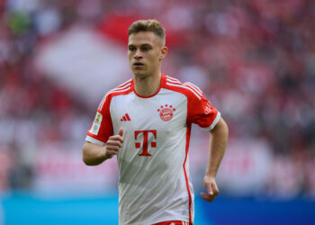 MUNICH, GERMANY - MAY 20: Joshua Kimmich of Bayern Munich in action  during the Bundesliga match between FC Bayern München and RB Leipzig at Allianz Arena on May 20, 2023 in Munich, Germany. (Photo by Matthias Hangst/Getty Images)