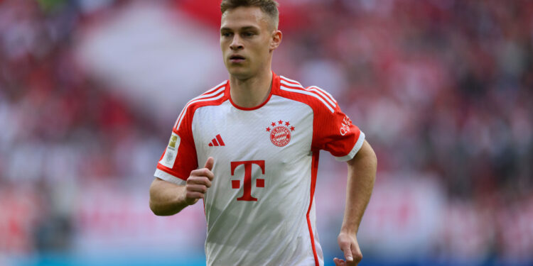 MUNICH, GERMANY - MAY 20: Joshua Kimmich of Bayern Munich in action  during the Bundesliga match between FC Bayern München and RB Leipzig at Allianz Arena on May 20, 2023 in Munich, Germany. (Photo by Matthias Hangst/Getty Images)
