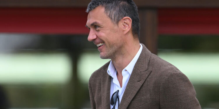 CAIRATE, ITALY - APRIL 29: Technical Area Director AC Milan Paolo Maldini smiles during AC Milan trainig session at Milanello on April 29, 2022 in Cairate, Italy. (Photo by Claudio Villa/AC Milan via Getty Images)