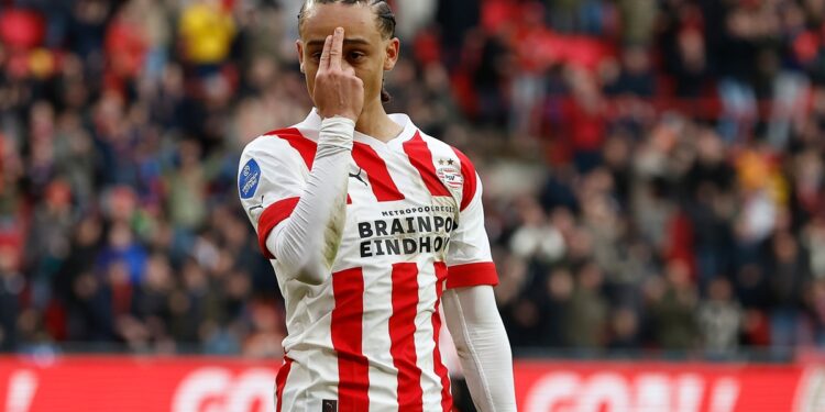 EINDHOVEN, 12-03-2023, Philips Stadium, Dutch football Eredivisie season 2022 / 2023, PSV player Xavi Simons after scoring 1-1 during the match PSV - Cambuur