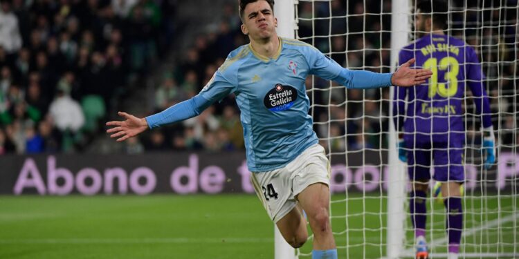 Celta Vigo's Spanish midfielder Gabriel Veiga celebrates scoring his team's third goal during the Spanish league football match between Real Betis and RC Celta de Vigo, at the Benito Villamarin stadium in Seville, on February 4, 2023. (Photo by CRISTINA QUICLER / AFP) (Photo by CRISTINA QUICLER/AFP via Getty Images)