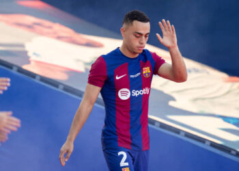 BARCELONA, SPAIN - AUGUST 8: Sergino Dest of FC Barcelona during the Friendly Joan Gamper trophy match between FC Barcelona and Tottenham Hotspurs FC at the Estadi Olimpic Lluis Companys on August 8, 2023 in Barcelona, Spain. (Photo by Dax Images/BSR Agency/Getty Images)