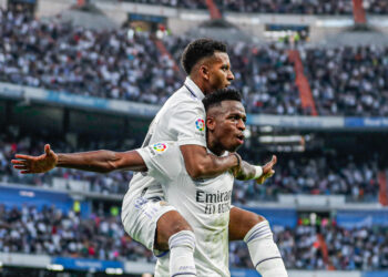 MADRID, SPAIN - OCTOBER 30: Vinicius Junior of Real Madrid celebrates goal 1-0 with Rodrygo Silva de Goes of Real Madrid during the La Liga Santander  match between Real Madrid v Girona at the Santiago Bernabeu on October 30, 2022 in Madrid Spain (Photo by David S. Bustamante/Soccrates/Getty Images)