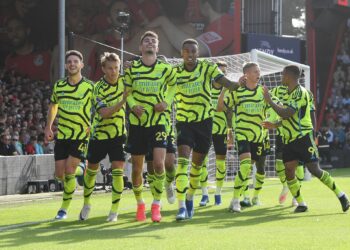 BOURNEMOUTH, ENGLAND - SEPTEMBER 30: Kai Havertz of Arsenal celebrates with teammates after scoring the team's third goal from a penalty during the Premier League match between AFC Bournemouth and Arsenal FC at Vitality Stadium on September 30, 2023 in Bournemouth, England. (Photo by Stuart MacFarlane/Arsenal FC via Getty Images)