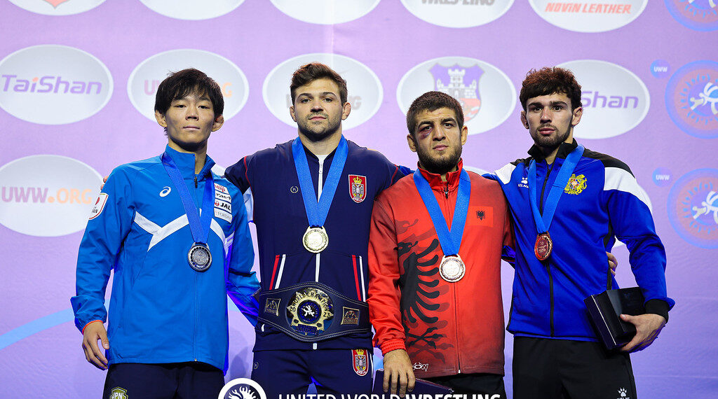 Podium 57kg FS - Gold Stevan Andria Micic (SRB), Silver Rei Higuchi (JPN) , bronze Zelimkhan Abakarov (ALB), Arsen Harutyunyan (ARM)