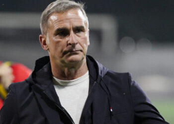 Turkey's head coach Stefan Kuntz celebrates after the Euro 2024 group D qualifying soccer match between Latvia and Turkey at Skonto Stadium in Riga, Latvia, Friday, June 16, 2023. (AP Photo/Roman Koksarov)