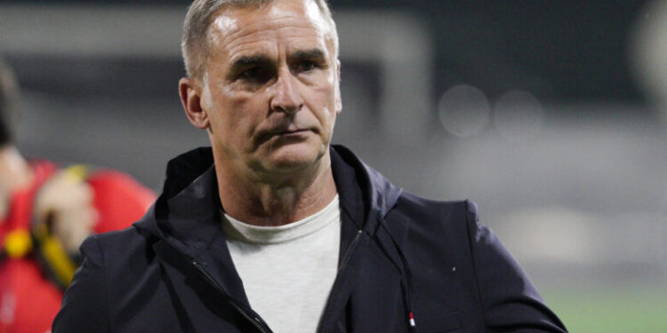 Turkey's head coach Stefan Kuntz celebrates after the Euro 2024 group D qualifying soccer match between Latvia and Turkey at Skonto Stadium in Riga, Latvia, Friday, June 16, 2023. (AP Photo/Roman Koksarov)