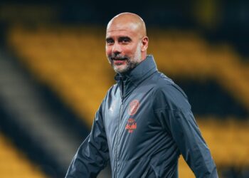 Pep Guardiola of Manchester City during an open training session at Wandorf Stadium on October 24, 2023 in Bern, Switzerland. (Photo by Manchester City FC)