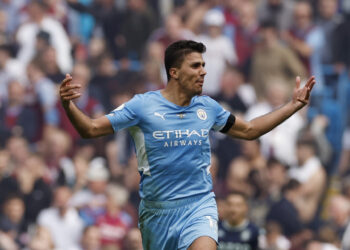 Soccer Football - Premier League - Manchester City v Aston Villa - Etihad Stadium, Manchester, Britain - May 22, 2022 Manchester City's Rodri celebrates scoring their second goal Action Images via Reuters/Jason Cairnduff/File Photo