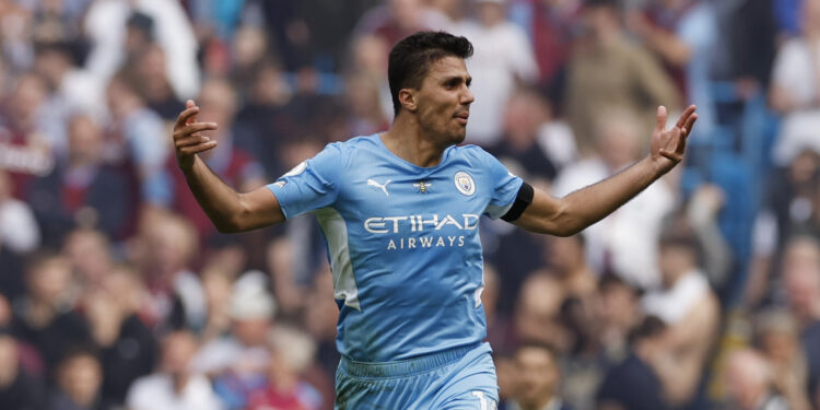 Soccer Football - Premier League - Manchester City v Aston Villa - Etihad Stadium, Manchester, Britain - May 22, 2022 Manchester City's Rodri celebrates scoring their second goal Action Images via Reuters/Jason Cairnduff/File Photo