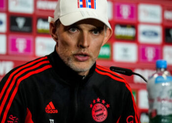 COLOGNE, GERMANY - MAY 27: Coach Thomas Tuchel of FC Bayern Munchen attends a press conference after the Bundesliga match between 1. FC Koln and FC Bayern Munchen at the RheinEnergieStadion on May 27, 2023 in Cologne, Germany (Photo by Rene Nijhuis/BSR Agency/Getty Images)