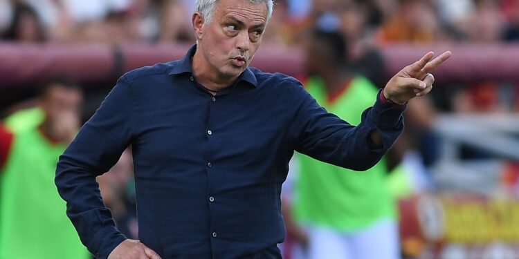 ROME, ITALY - OCTOBER 22: Jose Mourinho head coach of AS Roma gestures during the Serie A TIM match between AS Roma and AC Monza at Stadio Olimpico on October 22, 2023 in Rome, Italy. (Photo by Silvia Lore/Getty Images)