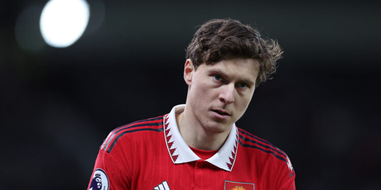 MANCHESTER, ENGLAND - FEBRUARY 04: Victor Lindelof of Manchester United looks on during the Premier League match between Manchester United and Crystal Palace at Old Trafford on February 04, 2023 in Manchester, England. (Photo by Alex Livesey/Getty Images)