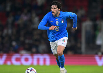 TIRANA, ALBANIA - NOVEMBER 16:  Sandro Tonali of Italy in action during the International friendly match between Albania and Italy at  on November 16, 2022 in Tirana, Albania. (Photo by Mattia Ozbot/Getty Images)