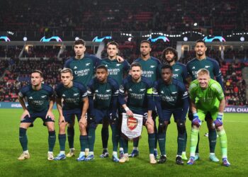 EINDHOVEN, NETHERLANDS - DECEMBER 12: The Arsenal team line up for a photo prior to the UEFA Champions League match between PSV Eindhoven and Arsenal FC at Philips Stadion on December 12, 2023 in Eindhoven, Netherlands. (Photo by Stuart MacFarlane/Arsenal FC via Getty Images)