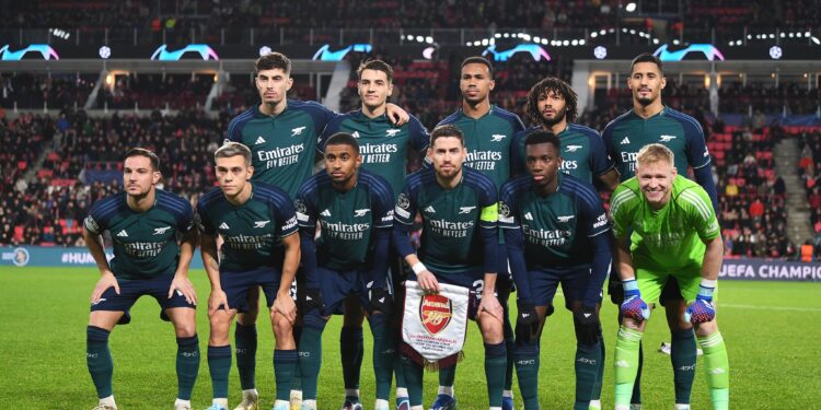 EINDHOVEN, NETHERLANDS - DECEMBER 12: The Arsenal team line up for a photo prior to the UEFA Champions League match between PSV Eindhoven and Arsenal FC at Philips Stadion on December 12, 2023 in Eindhoven, Netherlands. (Photo by Stuart MacFarlane/Arsenal FC via Getty Images)