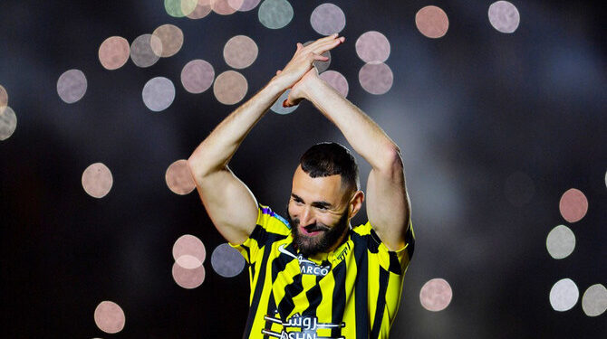 Soccer Football - Welcome ceremony for Karim Benzema after joining Al-Ittihad - Jeddah, Saudi Arabia - June 8, 2023
Al-Ittihad's Karim Benzema during his presentation.
REUTERS/Stringer